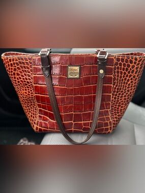 Dooney & Bourke Red-Brown Croc-Embossed Leather Tote with Dark Brown Straps